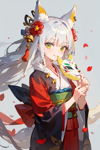 1girl, watercolor,simple_background, 1girl, solo, mask, 1girl, animal_ears, long_hair, bell, japanese_clothes, petals, slit_pupils, kimono, fox_ears, holding_mask, skirt, smile, jingle_bell, looking_at_viewer, white_hair, green_eyes, sash, very_long_hair