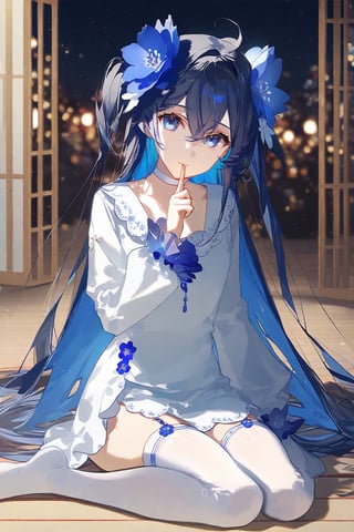 amazing quality, best quality, high quality, outline,(masterpiece, best quality:1.2), (extremely detailed, 8k, uhd),((depth of field)), solo, 1girl, flower, hair_flower, hair_ornament, long_hair, finger_to_mouth, thighhighs, blue_eyes, looking_at_viewer, dress, colored_inner_hair, hair_between_eyes, very_long_hair, black_hair, white_dress, white_thighhighs, sitting, long_sleeves, bangs, multicolored_hair, blue_flower, blue_hair, white_choker, two-tone_hair, seiza, two_side_up, choker, shushing, closed_mouth, {artist:rella}, {artist:ask(askzy)}, [artist:ningen_mame], artist:ciloranko, [artist:rei(sanbonzakura)],harevv