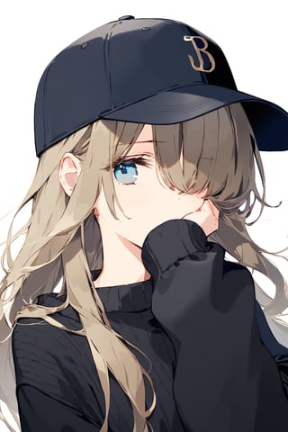 1girl, hat, solo, blue_eyes, brown_hair, long_hair, black_headwear, looking_at_viewer, upper_body, baseball_cap, long_sleeves, sweater, sleeves_past_wrists, hand_over_eye, black_sweater, hair_between_eyes, hair_over_one_eye, bangs