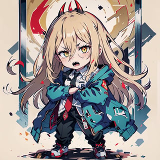 nendroid, long_hair, horns, red_horns, blonde_hair, symbol-shaped_pupils, cross-shaped_pupils, yellow_eyes, hair_between_eyes, sharp_teeth, medium_breasts

Default Outfit: long_hair, horns, red_horns, blonde_hair, symbol-shaped_pupils, cross-shaped_pupils, yellow_eyes, hair_between_eyes, sharp_teeth, medium_breasts, shirt, (white_shirt), necktie, black_necktie, jacket, (blue_jacket), pants, black_pants, arms crossed, puffing out cheeks,disgusted face