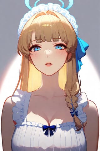 ((by ask)),amazing quality, masterpiece, best quality, absurdres, beautiful, detailed shadow, aesthetic,chromatic aberration, blurry background,1girl, breasts, solo, blonde_hair, blue_eyes, long_hair, cleavage, dress, looking_at_viewer, parted_lips, halo, bangs, white_background, simple_background, white_dress, blush, bow, medium_breasts, collarbone, blue_bow, hair_bow, braid, sleeveless, upper_body, half-closed_eyes, leaning_forward, downblouse, sleeveless_dress, frills, ribbon, blue_ribbon,simple_background, chromatic aberration, HareS
