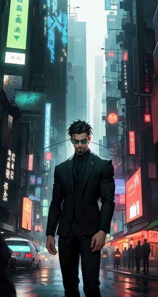 Master masterpiece, high-definition picture quality, matrix style, Matrix, ((1matureman)), the correct body proportion, black glasses, short-hair, little facial hair, brown_eyes, city, green, all-black suit, dark night, buildings, Code matrix cascading from top to bottom, Cyberpunk