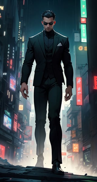 Master masterpiece, high-definition picture quality, matrix style, Matrix, ((1matureman)), the correct body proportion, black glasses, short-hair, brown_eyes, city, green, all-black suit, dark night, buildings, Code matrix cascading from top to bottom, Cyberpunk