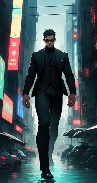 Master masterpiece, high-definition picture quality, matrix style, Matrix, ((1matureman)), the correct body proportion, black glasses, short hair, brown eyes, city, green, floating, all-black suit, dark night, buildings, Code matrix cascading from top to bottom, Cyberpunk