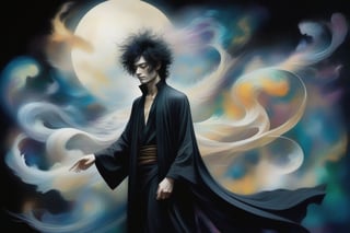 please create a fantastical painting (imagining “dream of the endless” from the series sandman), ( gaiman, dave mckean, bill sienkiewicz), dream appears as a thin goth man with a wild messy rockstar black hair, high cheekbones and palest skin, he is wearing a robe cloaking him in dreams, he is shaping the world of the dreaming, creating new dreams and nightmares, shapes flow into each other in ethereal ways symbolizing the half-formed mercurial nature of how we experience dreams, the colors are rich, there is a variety of textures, the image combines digital and traditionsl painting techniques to create visual intrigue, dramatic, cinematic lighting,Decora_SWstyle,ink 