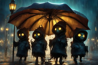 Hyper-detailed  painting, Jean-Baptiste Monge style, a gang of cute little zombies gathered in the rain  under an single black long raincoat, splash, glittering, cute and adorable, filigree, lights, fluffy, magic, surreal, fantasy, digital art, ultra hd, hyper-realistic illustration, vivid colors,  UHD, cinematic perfect light,greg rutkowski