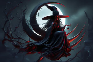 (masterpiece, top quality, best quality, official art, evil and blood:1.2), (1girl:1.4), extreme detailed, A witch sitting on a crescent moon, witch robe, witch hat, surreal,