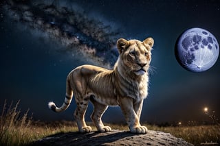 a white little lion looking at the stars in the moon, digital art