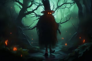 A humanoid mutant carrot, carrot, stands amidst a dark and eerie forest at dawn. The character's grotesque features are illuminated by an unsettling greenish glow emanating from the surrounding foliage. Zanahoria wears a clown's shoes, adding to the sense of unease. Its sinister face is contorted in a perpetual scowl, as if plotting malevolent deeds. The camera frames this bizarre scene with a low-angle shot, emphasizing carrot's imposing presence amidst the mist-shrouded trees.