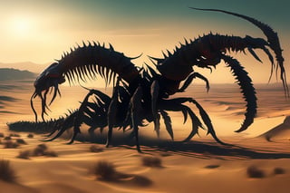 Deadly and epic war between two sinister creatures shaped like giant scorpions fighting in an arid and desolate desert