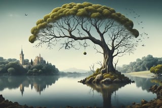 un paisaje de un lago con arboles con el estilo de salvador dali y Tim Burton