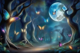 A dark forest (Bosque oscuro) under a full moon (Luna llena). Sinister butterflies (Mariposas siniestras) flutter around the base of ancient trees, their iridescent wings glowing in the lunar light. Mischievous elves (Duendes) lurk just out of sight, their playful whispers carried away on the wind as they dance among the shadows.