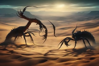 Deadly and epic war between two sinister creatures shaped like giant scorpions fighting in an arid and desolate desert