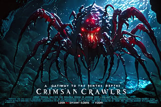 A gateway to the abyssal depths of a forsaken world: 'Crimson Crawlers' emerges from the shadows. In the dimly lit cave entrance, mutant arthropods with radiant red eyes blazing like embers in the darkness, their twisted, armored bodies illuminated by an eerie luminescence as they scuttle across the damp stone floor. A haunting invitation to discover the horrors that lurk beneath.,Movie Poster,MoviePosterAF,scenery