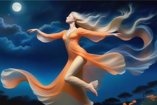 A Phoenician-inspired masterpiece depicts a serene maiden gliding through a lush, orange-tinged meadow under the radiant glow of a full, azure moon. Her flowing attire, reminiscent of pictorial fabrics, billows behind her as she moves with ethereal grace. The flower-power atmosphere is alive with vibrant petals and the gentle rustle of blades. In this romanticized, realistic portrayal, the dancer's pose captures the essence of fluid motion, set against a dreamy backdrop of stars and moonlit clouds.