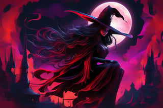 An unsettling masterpiece of top-tier quality, depicting an enigmatic witch seated atop a vibrant, glowing crescent moon. Her 'official' artistry is matched only by the sinister aura surrounding her. The extreme attention to detail showcases her intricate, crimson-hued witch robe and pointed hat, as if conjured from darkness itself. In this surreal realm, evil seeps in with every stroke of brushwork, where blood-red hues bleed into the moon's luminescent crescents.
