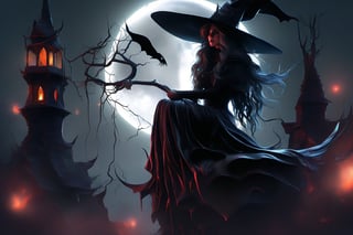 (masterpiece, top quality, best quality, official art, evil and blood:1.2), (1girl:1.4), extreme detailed, A witch sitting on a crescent moon, witch robe, witch hat, surreal,