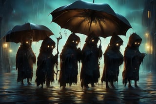 Hyper-detailed  painting, Jean-Baptiste Monge style, a gang of cute little zombies gathered in the rain  under an single black long raincoat, splash, glittering, cute and adorable, filigree, lights, fluffy, magic, surreal, fantasy, digital art, ultra hd, hyper-realistic illustration, vivid colors,  UHD, cinematic perfect light,greg rutkowski