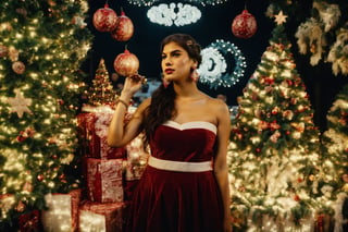 Young woman 18 year old,Indonesian,similar to Eva Mendes,skin blemish,Normal_giant_breasts ,Aquiline nose,Pear-shaped face,Black Eyes,Plump lips,Winged eyeliner makeup,Braided bob Hairstyle,Bandeau top,Statement earrings,Night Market,Spring Night,Shopping in the mall															
									