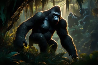 A majestic gorilla stands tall in the midst of a lush jungle, its Gigante-like stature commanding attention. The dense foliage provides a verdant backdrop for this powerful primate, its fur glistening in the dappled light filtering through the canopy above. The air is thick with humidity and the sounds of tropical life.