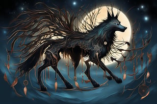 A elf design where the dreamcatcher forms the body of a wolf, howling at the moon, with detailed feathers hanging from the dreamcatcher's web, set against a dark night sky speckled with stars.