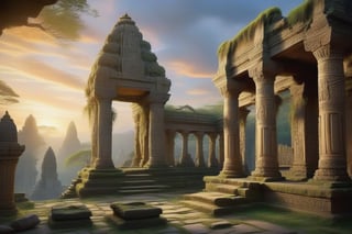 A majestic temple stands amidst crumbling ruins, its intricate stone carvings worn by time's relentless passage. Weathered columns rise like skeletal fingers towards a desolate sky, while vines and moss reclaim the once-proud structure. Ancient artifacts lie scattered, a testament to a long-lost culture, as the golden light of sunset casts a warm glow on the timeless scene.