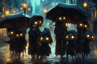 Hyper-detailed  painting, Jean-Baptiste Monge style, a gang of cute little zombies gathered in the rain  under an single black long raincoat, splash, glittering, cute and adorable, filigree, lights, fluffy, magic, surreal, fantasy, digital art, ultra hd, hyper-realistic illustration, vivid colors,  UHD, cinematic perfect light,greg rutkowski