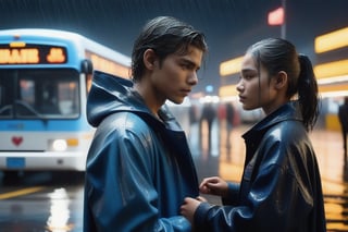 Under a torrential night rain, two young souls, clad in black and blue, stand at the intercity bus terminal's edge. The girl, donning a soaked black raincoat and jeans, her eyes welling up with tears, grasps the man's hands tightly as he wears a drenched blue coat and jeans. They're both 28, their faces etched with desperation. As the rain distorts reality, they're framed by the terminal's neon lights, their upper bodies leaning in, about to be separated. Shot from outside, the scene's tension is palpable, as if time itself is slowing down. The girl's hands tremble, poised for release, her fingers inches from breaking apart. Capture this heart-wrenching moment in stunning 8K, ultra-realistic detail.