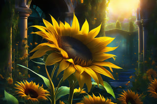 A vibrant yellow sunflower blooms in a bright garden setting, its petals shining like a ray of sunshine. The twist? Its stem is replaced by glittering diamonds, refracting light and adding an air of luxury to the scene. Framed by lush greenery, the sunflower stands tall, its diamond stem glinting like a treasure trove amidst the foliage.