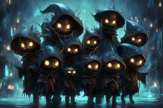 Hyper-detailed  painting, Jean-Baptiste Monge style, a gang of cute little aliens gathered in the rain  under an single black long raincoat, splash, glittering, cute and adorable, filigree, lights, fluffy, magic, surreal, fantasy, digital art, ultra hd, hyper-realistic illustration, vivid colors,  UHD, cinematic perfect light,greg rutkowski