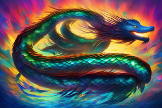 Vibrant colors of a massive sea serpent, Culebra gigante, undulates through crystal-clear waters. Rays of sunlight refract off its scales, casting a kaleidoscope of blues and greens across the seafloor. The majestic creature's body tapers to a point as it glides effortlessly, surrounded by schools of tiny fish darting in and out of its serpentine coils.