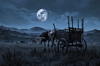 A desolate landscape unfolds under the moon's pale glow, where a lone cart lumbers across the dark and eerie terrain. The cart's wooden frame is adorned with a macabre skeletal outline, eerily reminiscent of the oxen that once harnessed its power. The skeletal remains appear as ghostly impressions on the ground, starkly contrasting with the surrounding blackness, evoking an unsettling atmosphere of isolation and foreboding.