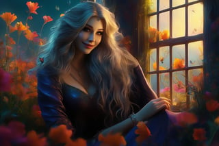 Beautiful soft light, (beautiful and delicate eyes), very detailed, pale skin, big smile, (long hair), dreamy, medium chest, female 1, ((front shot)), bangs, soft expression, height 170, elegance, bright Smile, 8k art photo, photorealistic concept art, realistic, person, small necklace, small earrings, fantasy, jewelry, shyness, dreamy soft image, masterpiece, ultra-high resolution, skirt, shirt, jacket, color, (the wind blows softly) ), (looking slightly raised and immersed in happy thoughts), girl sitting on the window sill with her chin supported by both hands, looking at the flower field outside the window, colorful, glitter, color art,BugCraft