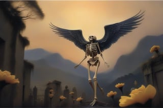 A warm atardecer light casts a golden glow on the skeletal remains of Ciervos and Cuervos, their bony bodies arranged in a macabre dance amidst the Flores that have begun to wilt. In the background, the imposing figure of Moustros stands watchful, its esqueletos-like wings spread wide as if guarding the fading light.