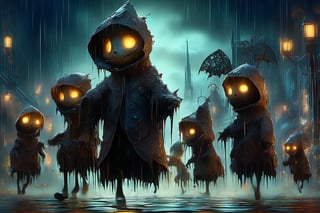 Hyper-detailed  painting, Jean-Baptiste Monge style, a gang of cute little zombies gathered in the rain  under an single black long raincoat, splash, glittering, cute and adorable, filigree, lights, fluffy, magic, surreal, fantasy, digital art, ultra hd, hyper-realistic illustration, vivid colors,  UHD, cinematic perfect light,greg rutkowski