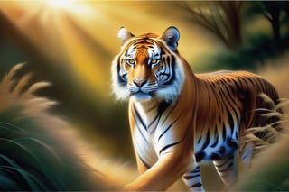 A majestic tiger emerges from the thick vegetation of an African savanna, its tawny fur blending with the golden grasses and leaves. Framed by a natural clearing, the big cat's piercing gaze is illuminated by warm sunlight filtering through the dense foliage, highlighting its powerful physique as it pads confidently across the sun-drenched landscape.