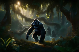 A majestic gorilla stands tall in the midst of a lush jungle, its Gigante-like stature commanding attention. The dense foliage provides a verdant backdrop for this powerful primate, its fur glistening in the dappled light filtering through the canopy above. The air is thick with humidity and the sounds of tropical life.