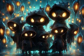 Hyper-detailed  painting, Jean-Baptiste Monge style, a gang of cute little aliens gathered in the rain  under an single black long raincoat, splash, glittering, cute and adorable, filigree, lights, fluffy, magic, surreal, fantasy, digital art, ultra hd, hyper-realistic illustration, vivid colors,  UHD, cinematic perfect light,greg rutkowski