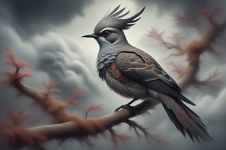 A mesmerizing abstract illustration of a Grayish Baywing bird perched on tree branches amidst swirling clouds. The bird's brownish-gray plumage shines with reddish-brown wing feathers, black eyes, and short stubby beak. Against a muted gray background, the illustration bursts with colorful vector shapes, bold lines, and detailed textures. Sharp details and intricate patterns dance across the composition, evoking Bauhaus aesthetics and 2004's visual style. A masterpiece of ink art, reminiscent of David Carson, Eddie Opara, and Michael Bierut's design philosophies.