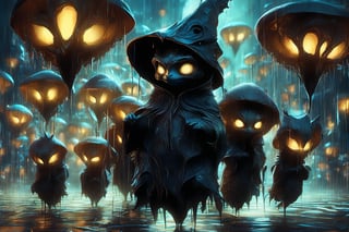 Hyper-detailed  painting, Jean-Baptiste Monge style, a gang of cute little aliens gathered in the rain  under an single black long raincoat, splash, glittering, cute and adorable, filigree, lights, fluffy, magic, surreal, fantasy, digital art, ultra hd, hyper-realistic illustration, vivid colors,  UHD, cinematic perfect light,greg rutkowski