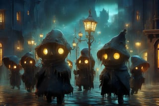 Hyper-detailed  painting, Jean-Baptiste Monge style, a gang of cute little zombies gathered in the rain  under an single black long raincoat, splash, glittering, cute and adorable, filigree, lights, fluffy, magic, surreal, fantasy, digital art, ultra hd, hyper-realistic illustration, vivid colors,  UHD, cinematic perfect light,greg rutkowski