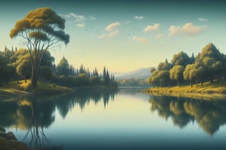a landscape of a lake with trees, type of painting in the style of Salvador Dali and Tim Burton, soft light and very detailed texture, at 4 k full resolution and a spectacular artistic design