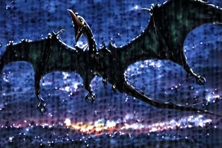 A pterodactyl with a very large wingspan looks sinister soaring through the skies at night