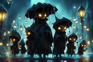 Hyper-detailed  painting, Jean-Baptiste Monge style, a gang of cute little aliens gathered in the rain  under an single black long raincoat, splash, glittering, cute and adorable, filigree, lights, fluffy, magic, surreal, fantasy, digital art, ultra hd, hyper-realistic illustration, vivid colors,  UHD, cinematic perfect light,greg rutkowski