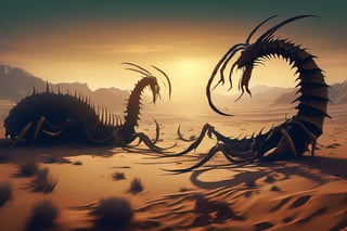 Deadly and epic war between two sinister creatures shaped like giant scorpions fighting in an arid and desolate desert