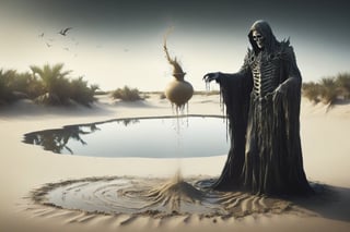 evil lich emerging from the sand at an oasis, casting a spell, water, reflections,  in the style of Nicola Samori,  fenliexl, , 