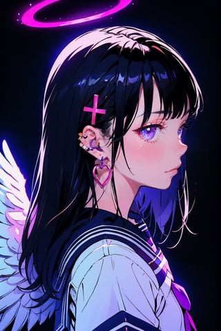 (masterpiece),,(best quality), 

1girl, solo, long hair, looking at viewer, simple background, shirt, black hair, hair ornament, jewelry, school uniform, upper body, earrings, wings, serafuku, pink eyes, sailor collar, from side, looking to the side, black shirt, glowing, halo, mouth hold, piercing, x hair ornament, black background, ear piercing, feathered wings, , black sailor collar, angel wings, black serafuku, white wings,  angel, sideways glance