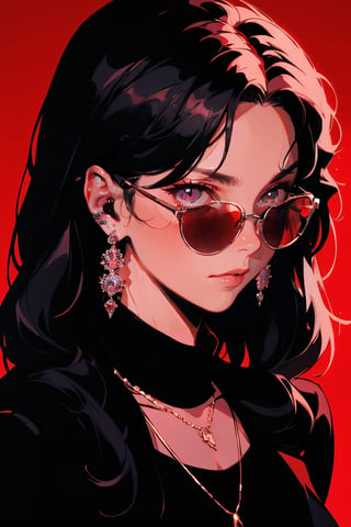 (masterpiece),,(best quality), 

1girl, solo, long hair, looking at viewer, black hair, red eyes, jewelry, earrings, necklace, shadow, sunglasses, portrait, red background, tinted eyewear