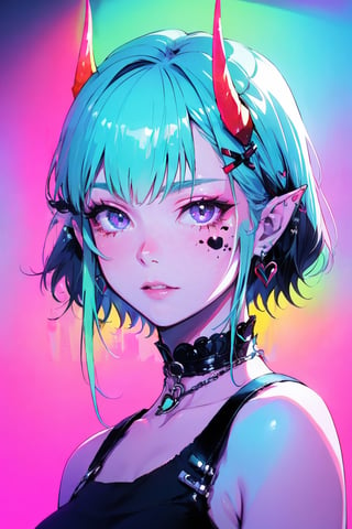 (masterpiece),,(best quality), 


1girl, solo, looking at viewer, short hair, black hair, hair ornament, jewelry, heart, earrings, horns, choker, pointy ears, pink eyes, makeup, colored skin, facial mark, piercing, x hair ornament, ear piercing, portrait, short hair with long locks