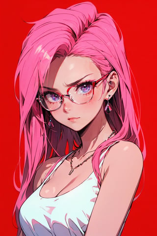 (masterpiece),,(best quality), 

1girl, solo, long hair, looking at viewer, simple background, red eyes, cleavage, bare shoulders, jewelry, closed mouth, upper body, pink hair, earrings, glasses, pink eyes, necklace, frown, tank top, red background
